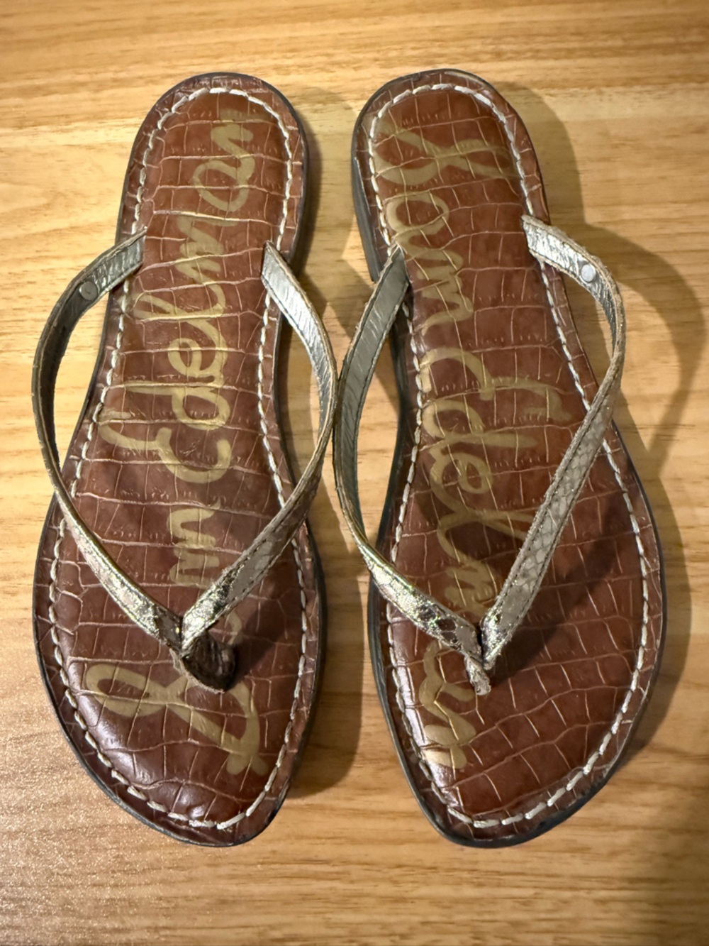 Sam Edelman Gracie Pewter Metallic Leather Croc Flip Flop Sandals
